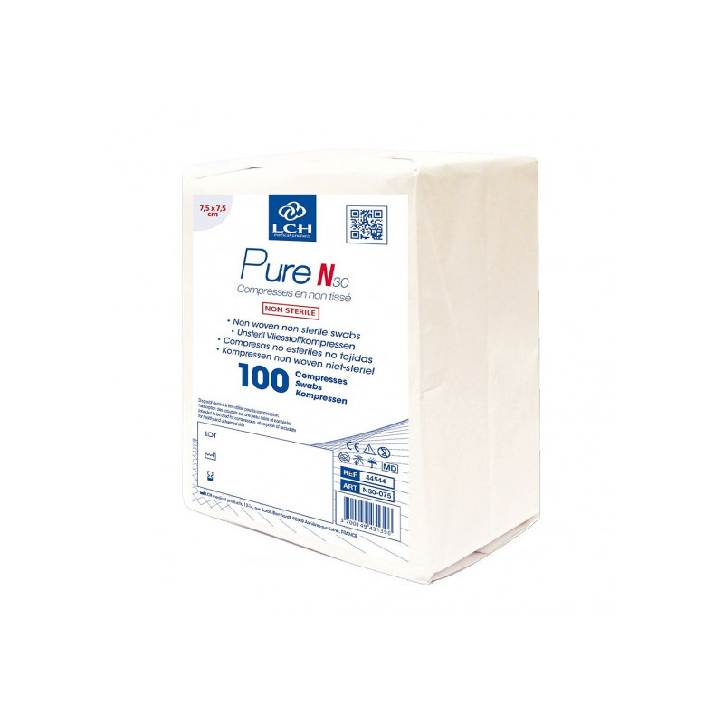 Compress Pure N30 non-woven non-sterile 4 ply, 30g/m² 7.5cm x 7.5cm - Bag of 100