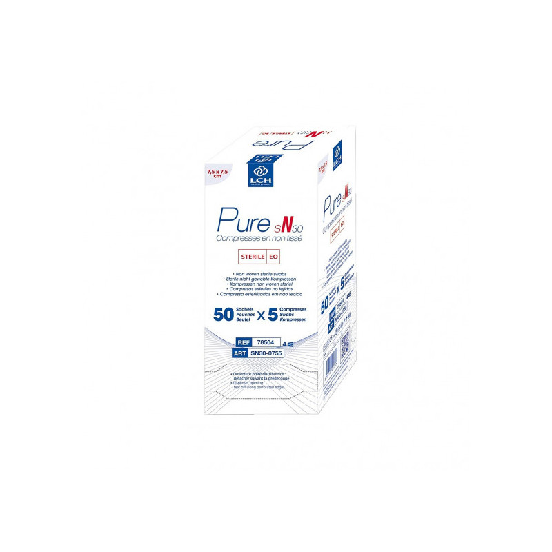 Compress Pure N30 sterile non-woven 4 ply, 30g/m² 7.5cm x 7.5cm - Box of 50x5