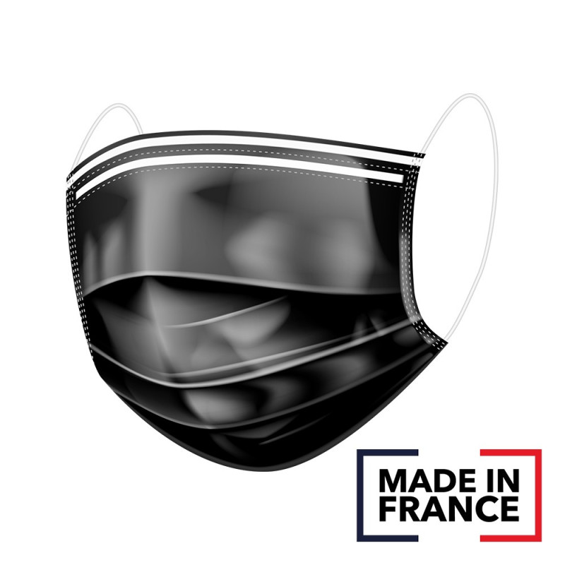 Masque Chirurgical noir 'Made in France' Auriol 3 plis type IIR - Boîte de 50