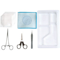 Sterile suture set 2 fields, forceps, needle holder, scissors, 5 compresses